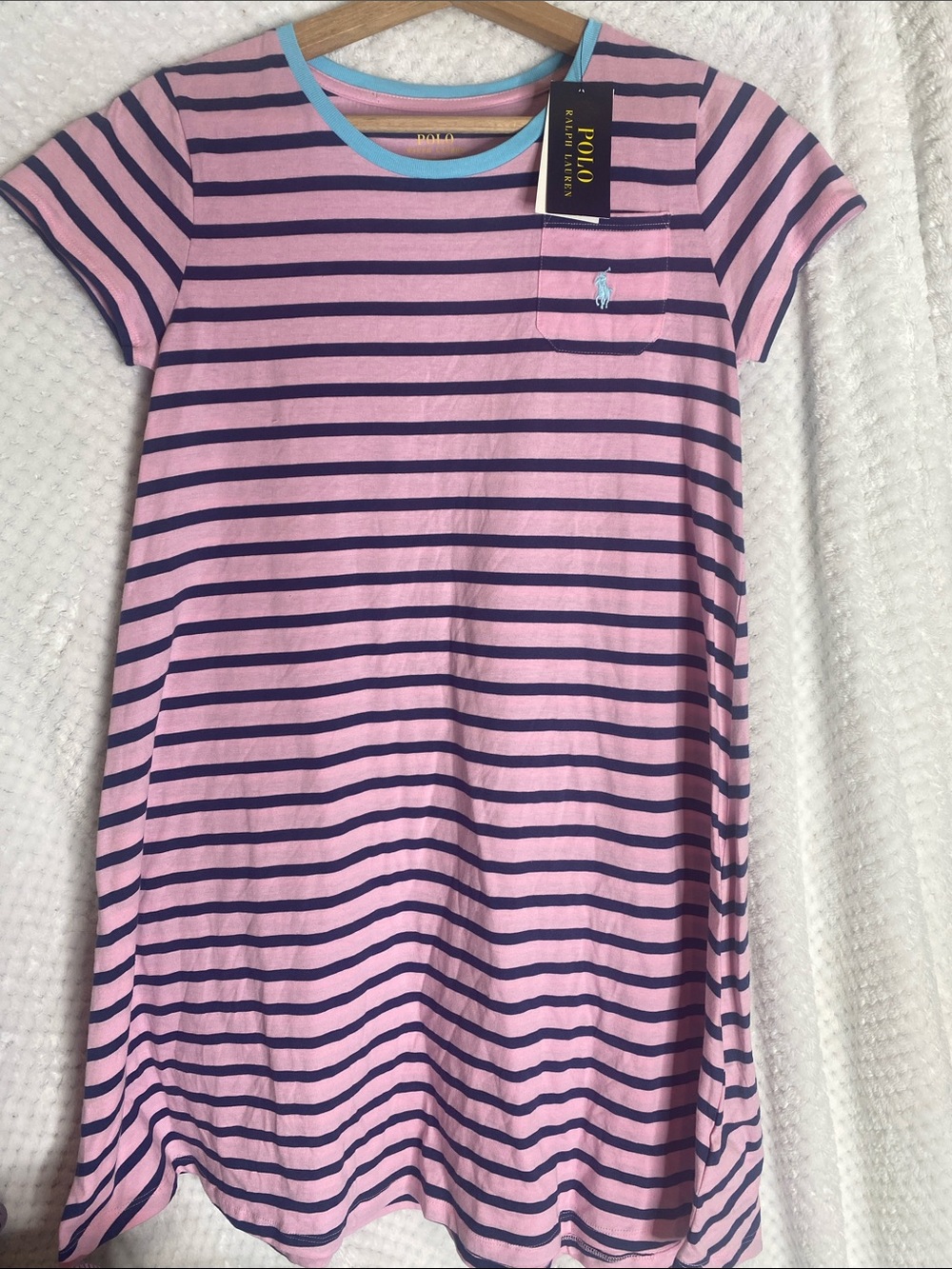 Polo by Ralph Lauren Pink and Navy Blue Striped T Shirt Dress Light Blue Trim